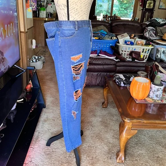 High Rise Jeans for Women Trendy 90s Denim Straight Leg Jeans orange thread rips - Picture 6 of 16